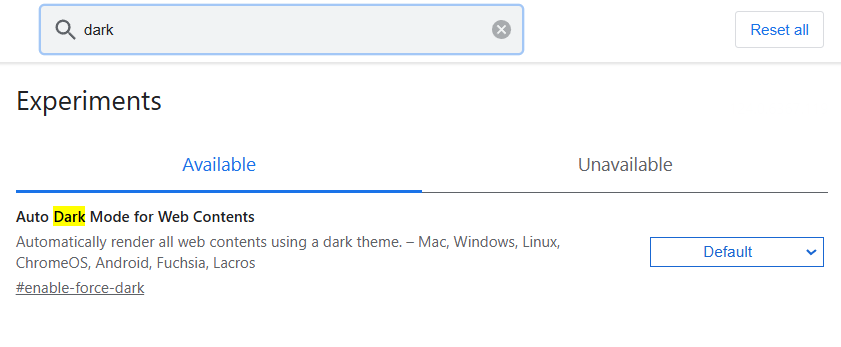 구글 크롬 전체 다크모드 설정 - dark 입력